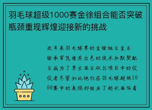 羽毛球超级1000赛金徐组合能否突破瓶颈重现辉煌迎接新的挑战